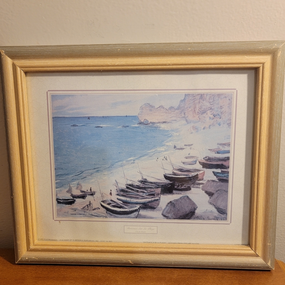 Claude Monet Landscape Framed  Print Lithograph Boats on the Beach 12x10